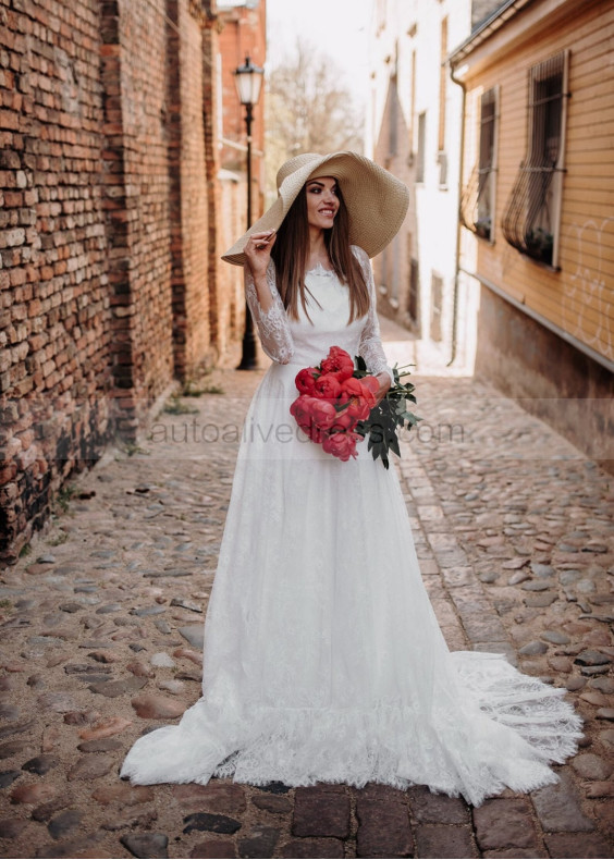 Ivory Eyelash Lace Keyhole Back Lovely Wedding Dress